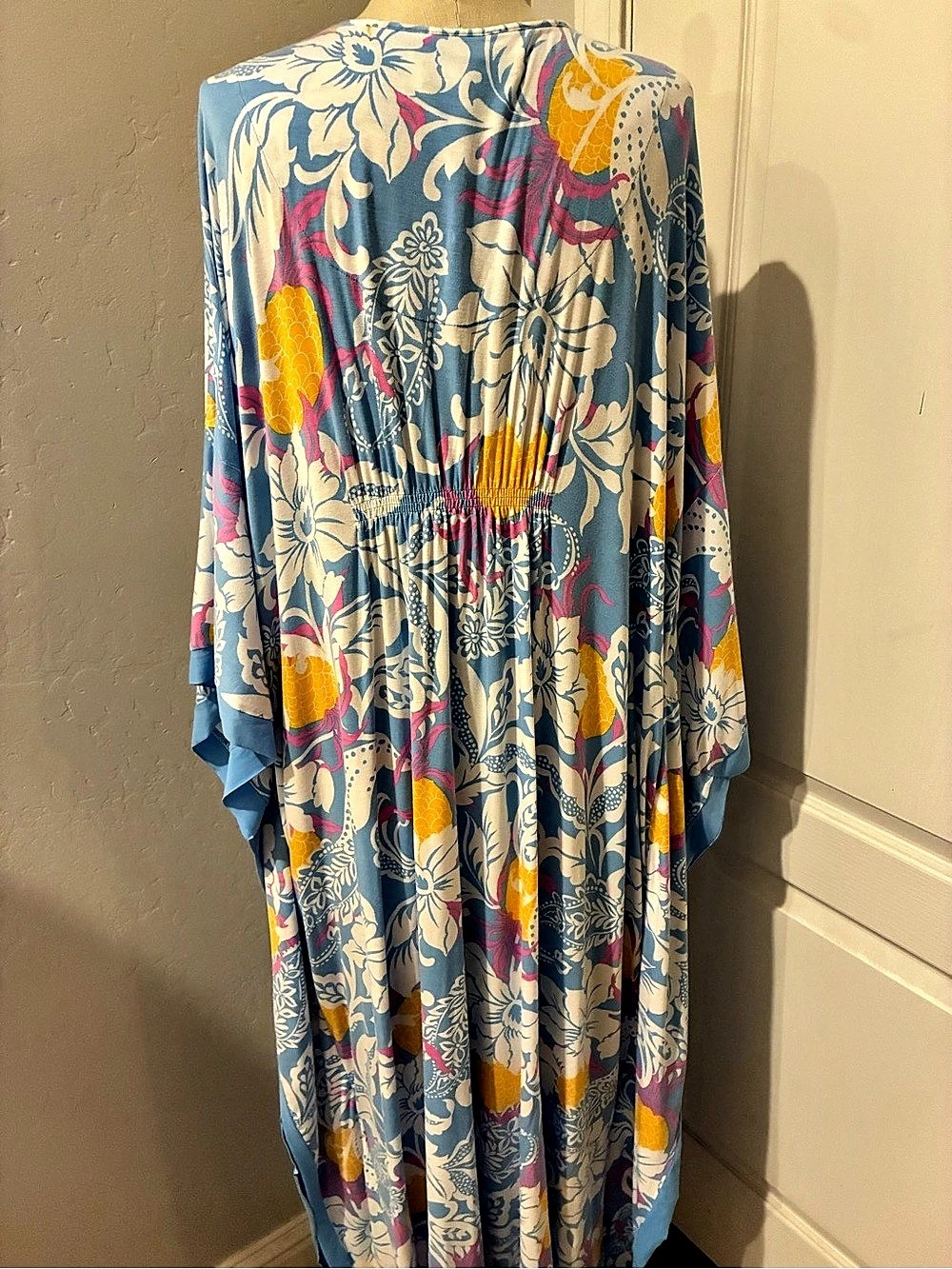 ELLEN TRACY Aqua Patchwork Long Caftan Floral Maxi Dress Blue 3X - Picture 4 of 5